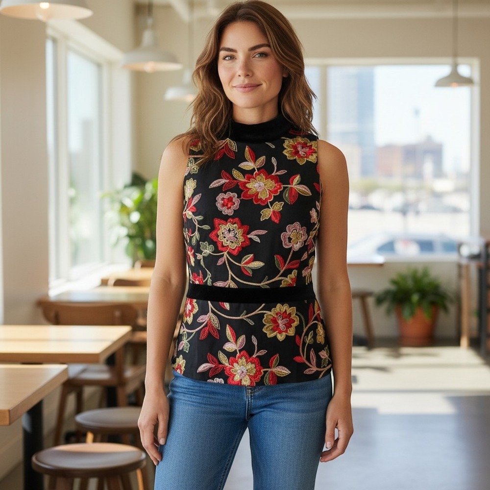 Eva Franco NWOT SZ 6 Black Floral Embroidered Velvet Mock Neck Peplum tank top